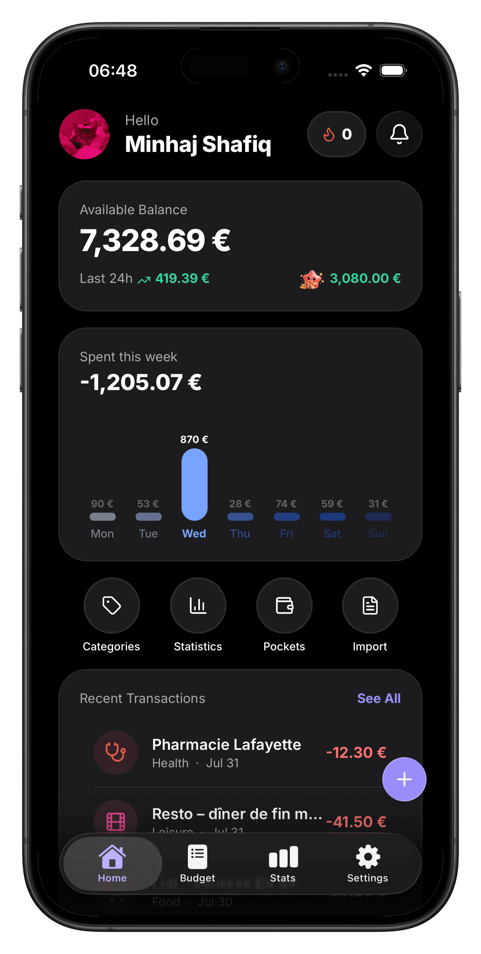 Tableau de bord Luxa : solde, dépenses de la semaine, transactions récentes